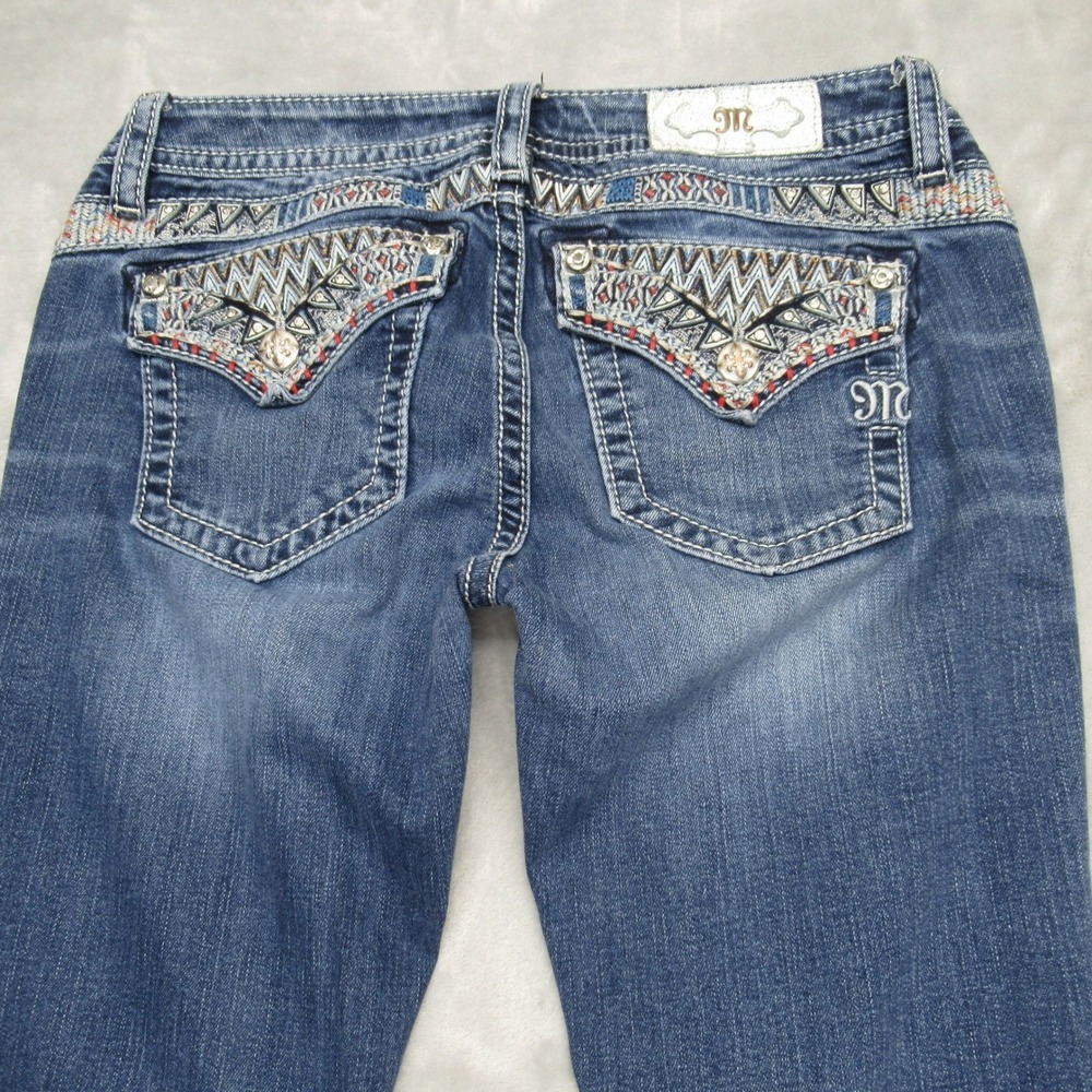 Miss Me Jeans Womens 28 Blue Embroidered Embellished Boot Whisker Fade 30x33